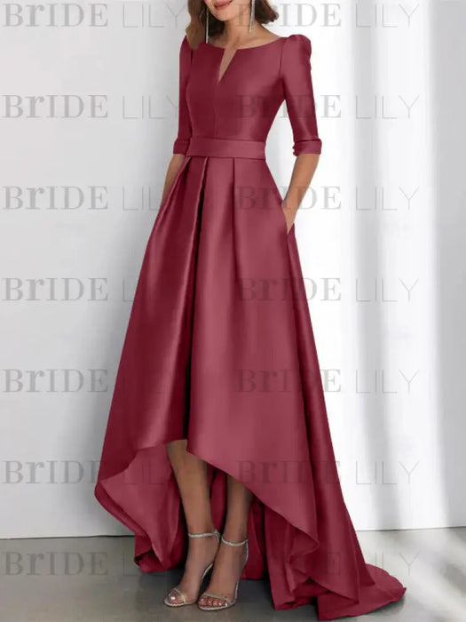 Cinnamon Rose mother of the bride satin dress with pockets and high low hem