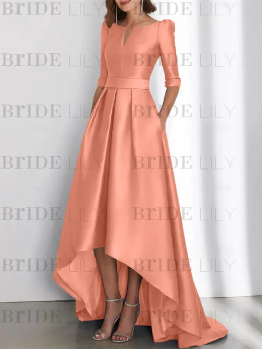 Coral mother of the bride satin dress with pockets and high low hem