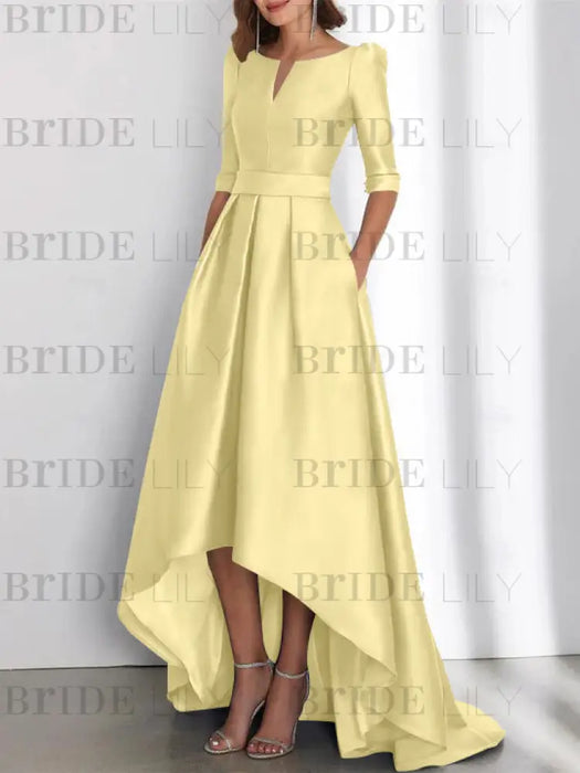Daffodil mother of the bride satin dress with pockets and high low hem