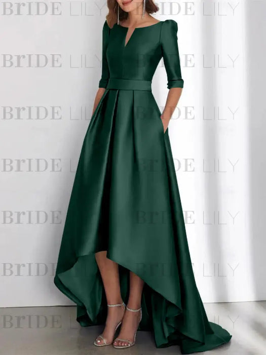 Dark Green mother of the bride satin dress with pockets and high low hem
