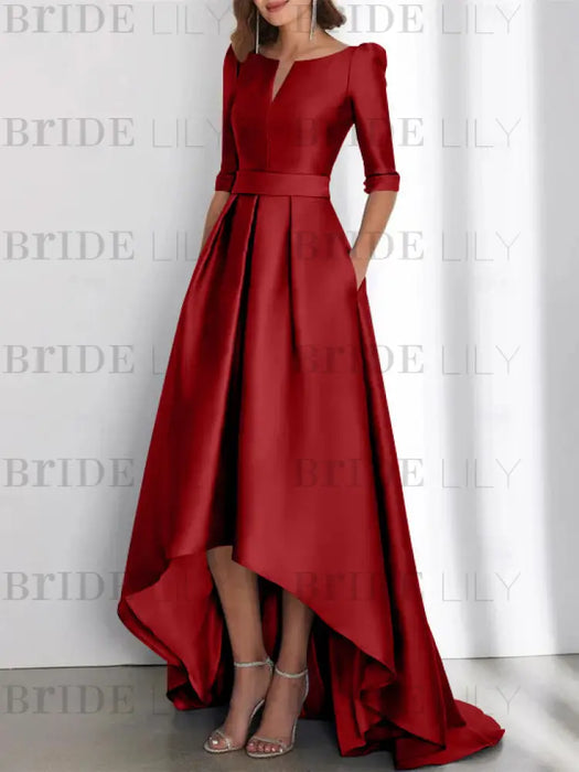 Dark Red mother of the bride satin dress with pockets and high low hem