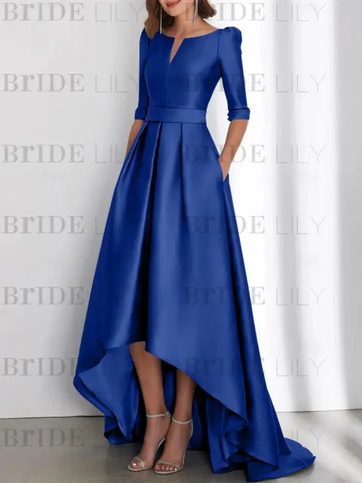 Dark Royal Blue mother of the bride satin dress with pockets and high low hem