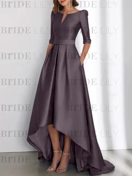 Dusk mother of the bride satin dress with pockets and high low hem