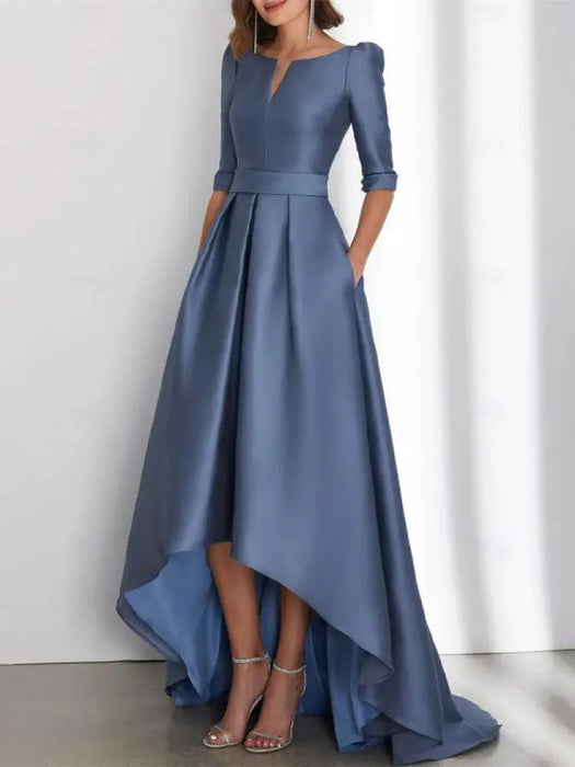 Mother of the bride satin dress with pockets in dusty blue