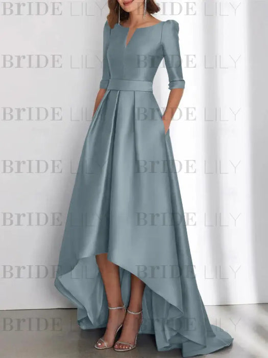 Dusty Blue mother of the bride satin dress with pockets and high low hem
