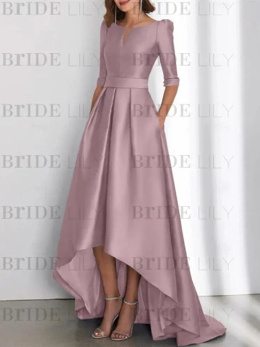 Dusty Rose mother of the bride satin dress with pockets and high low hem