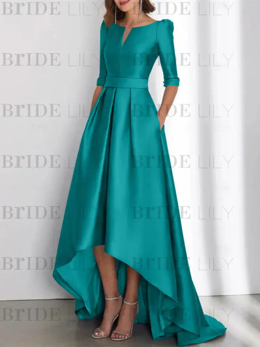 Emerald Green mother of the bride satin dress with pockets and high low hem