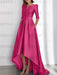 Fuchsia mother of the bride satin dress with pockets and high low hem