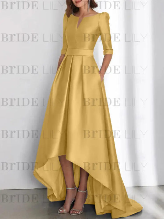 Gold mother of the bride satin dress with pockets and high low hem
