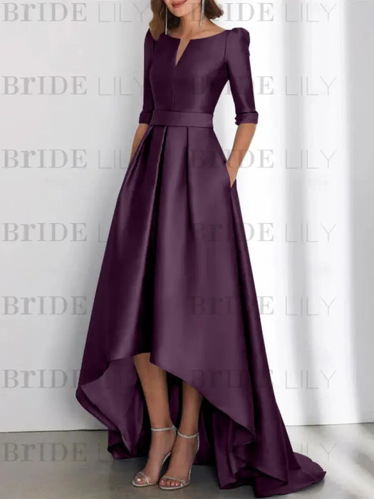 Grape mother of the bride satin dress with pockets and high low hem