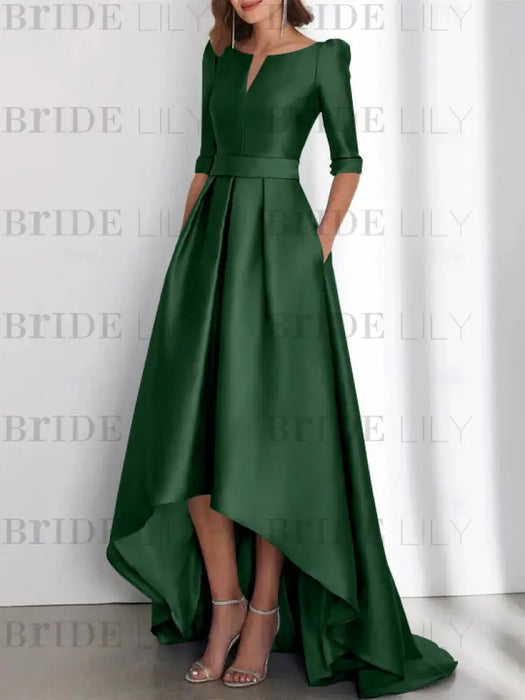 Green Black mother of the bride satin dress with pockets and high low hem
