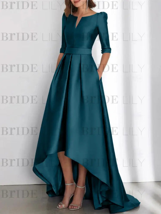 Ink Blue mother of the bride satin dress with pockets and high low hem