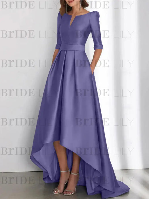 Lavender mother of the bride satin dress with pockets and high low hem