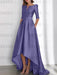 Lavender mother of the bride satin dress with pockets and high low hem