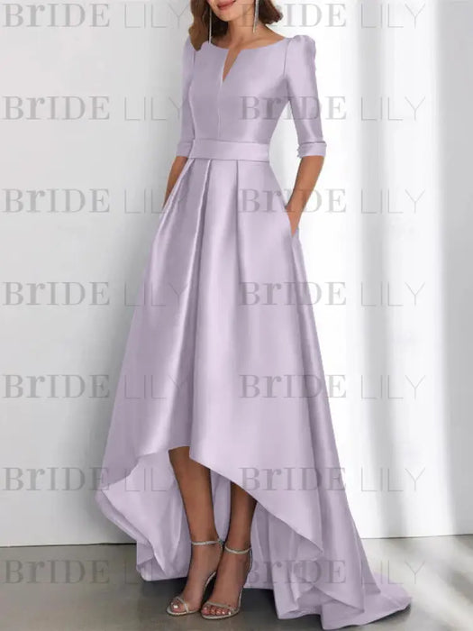 Lilac mother of the bride satin dress with pockets and high low hem