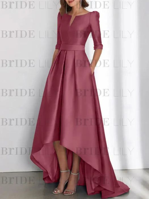 Mulberry mother of the bride satin dress with pockets and high low hem