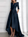Navy Blue mother of the bride satin dress with pockets and high low hem