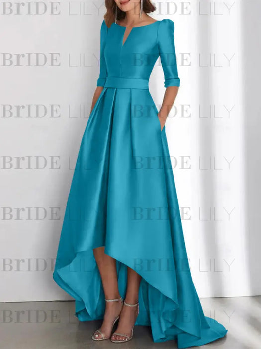 Ocean Blue mother of the bride satin dress with pockets and high low hem