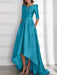 Ocean Blue mother of the bride satin dress with pockets and high low hem