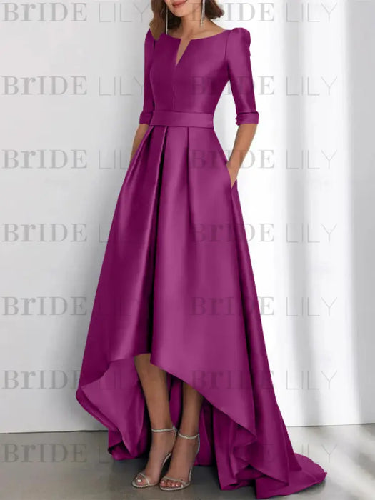 Orchid mother of the bride satin dress with pockets and high low hem