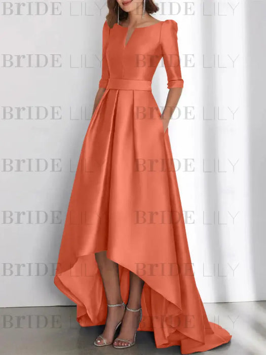 Papaya mother of the bride satin dress with pockets and high low hem