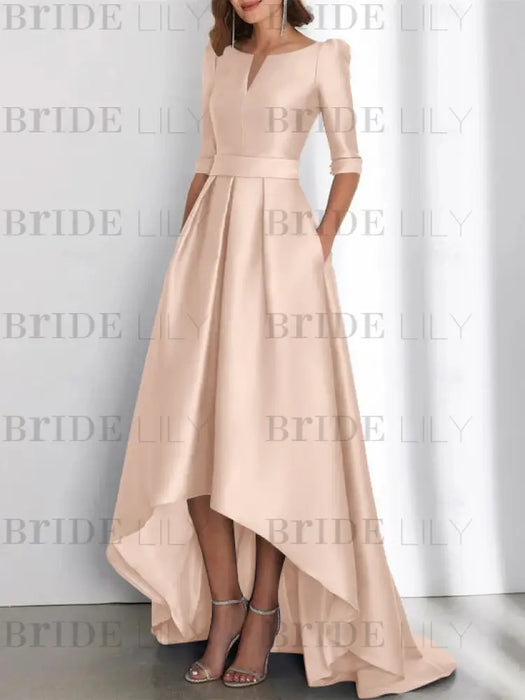 Pearl Pink mother of the bride satin dress with pockets and high low hem