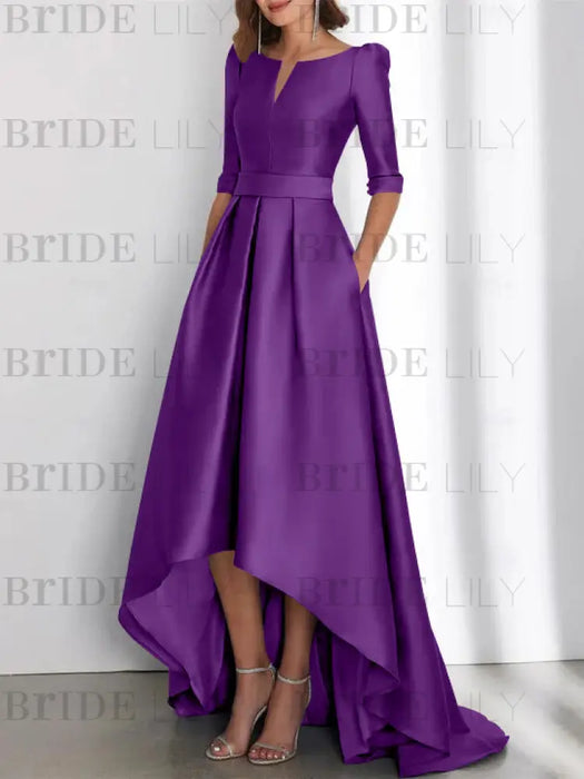 Plum mother of the bride satin dress with pockets and high low hem