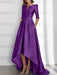 Plum mother of the bride satin dress with pockets and high low hem
