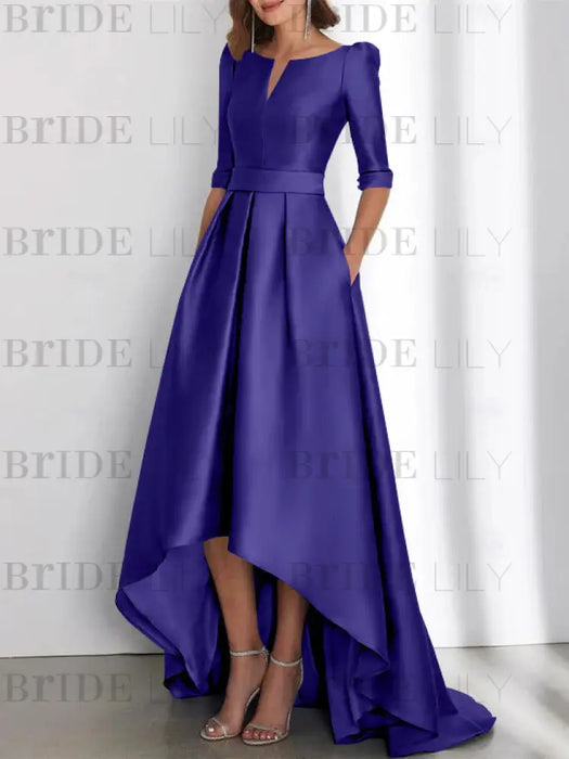 Regency mother of the bride satin dress with pockets and high low hem