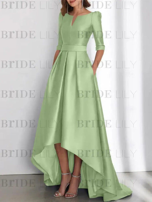 Sage mother of the bride satin dress with pockets and high low hem