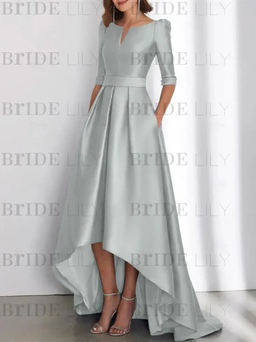 Silver mother of the bride satin dress with pockets and high low hem