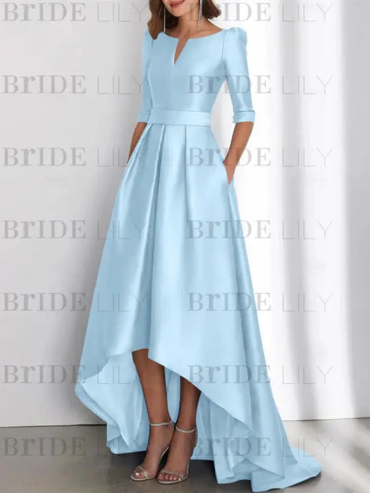 Sky Blue mother of the bride satin dress with pockets and high low hem