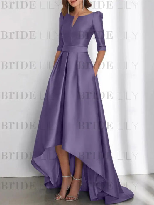 Tahiti mother of the bride satin dress with pockets and high low hem