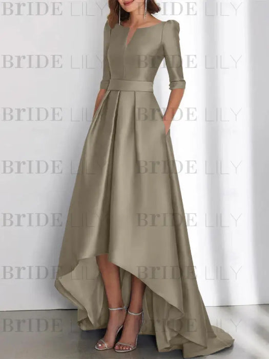 Taupe mother of the bride satin dress with pockets and high low hem