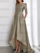 Taupe mother of the bride satin dress with pockets and high low hem