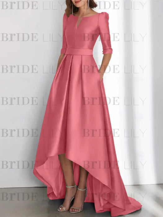 Watermelon mother of the bride satin dress with pockets and high low hem