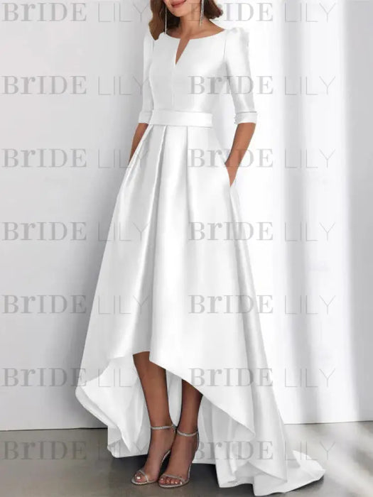 White mother of the bride satin dress with pockets and high low hem