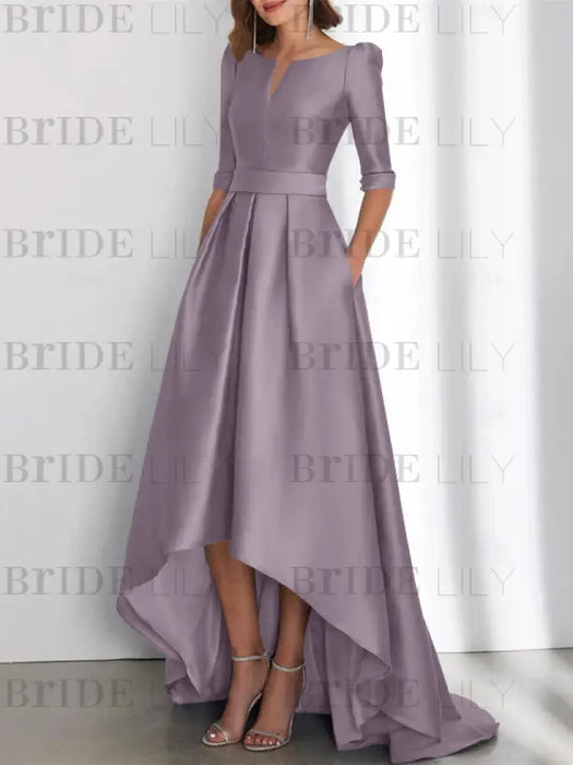 Wisteria mother of the bride satin dress with pockets and high low hem