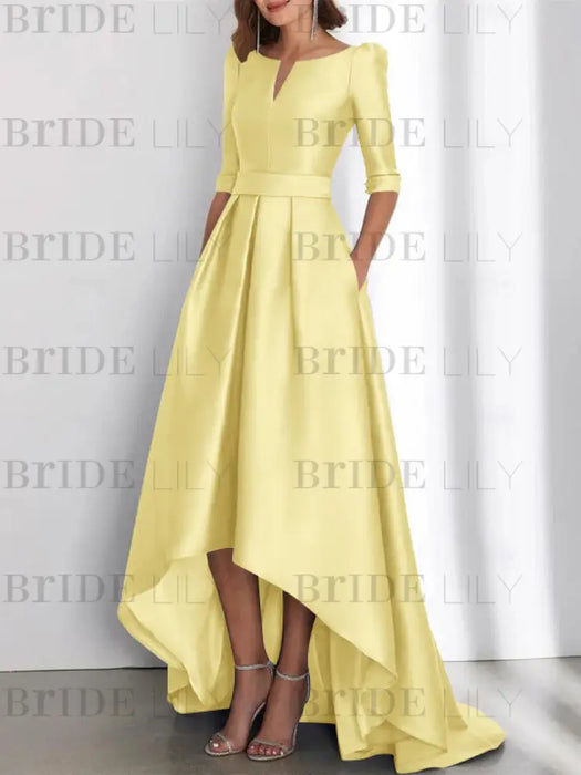 Yellow mother of the bride satin dress with pockets and high low hem