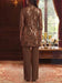 Back view of brown sequin floral jacket over chiffon pantsuit