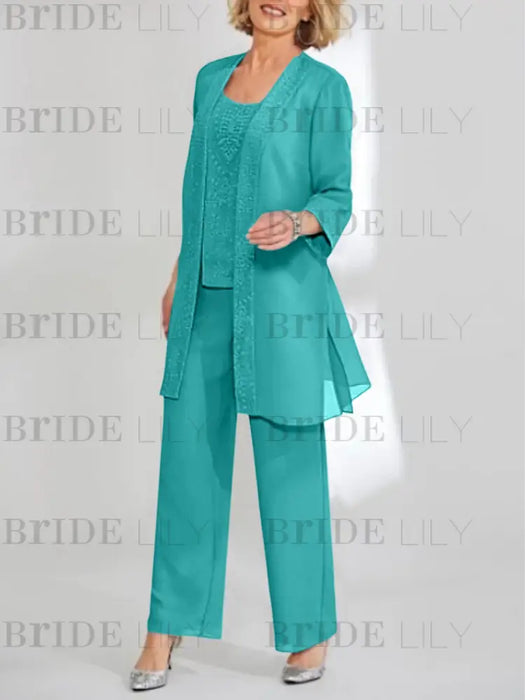 Aqua Blue mother of the bride 3 piece chiffon pantsuit with long jacket