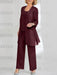 Burgundy mother of the bride 3 piece chiffon pantsuit with long jacket