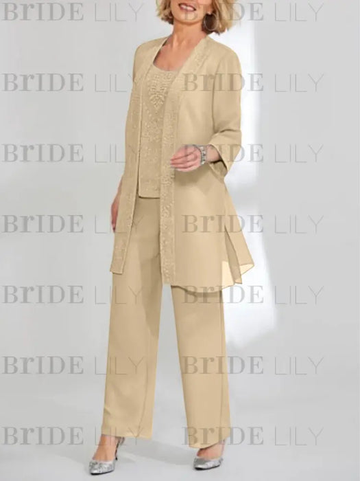 Champagne mother of the bride 3 piece chiffon pantsuit with long jacket