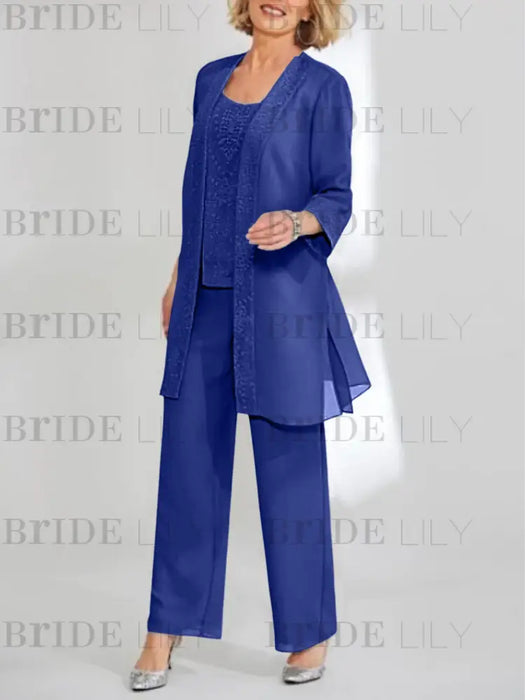 Dark Royal Blue mother of the bride 3 piece chiffon pantsuit with long jacket
