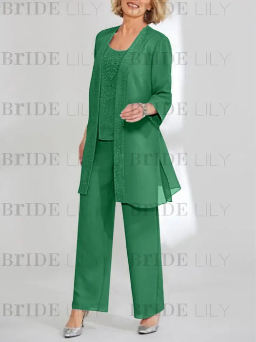Emerald mother of the bride 3 piece chiffon pantsuit with long jacket