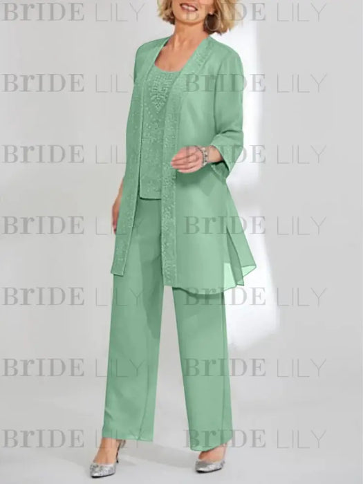 Eucalyptus mother of the bride 3 piece chiffon pantsuit with long jacket