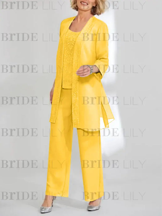 Gold mother of the bride 3 piece chiffon pantsuit with long jacket