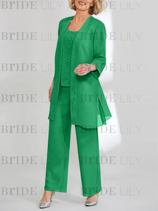 Green mother of the bride 3 piece chiffon pantsuit with long jacket