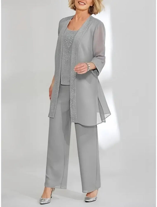 Mother of the bride three piece chiffon pantsuit in grey