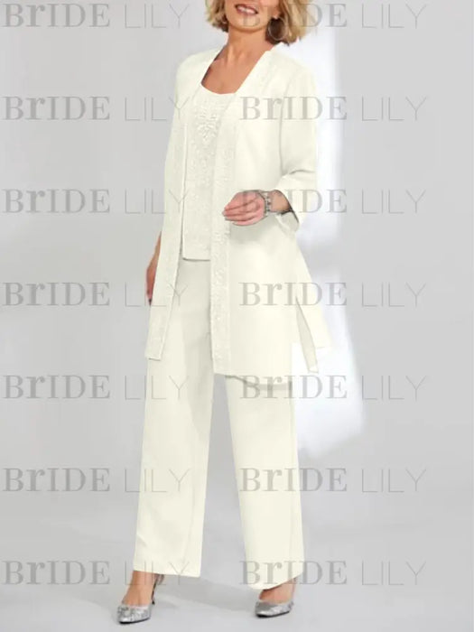 Ivory mother of the bride 3 piece chiffon pantsuit with long jacket